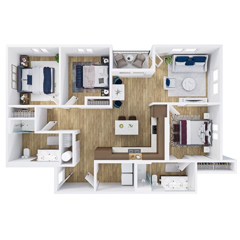 A 3D floor plan of a small apartment with a kitchen, living room, and bedroom.